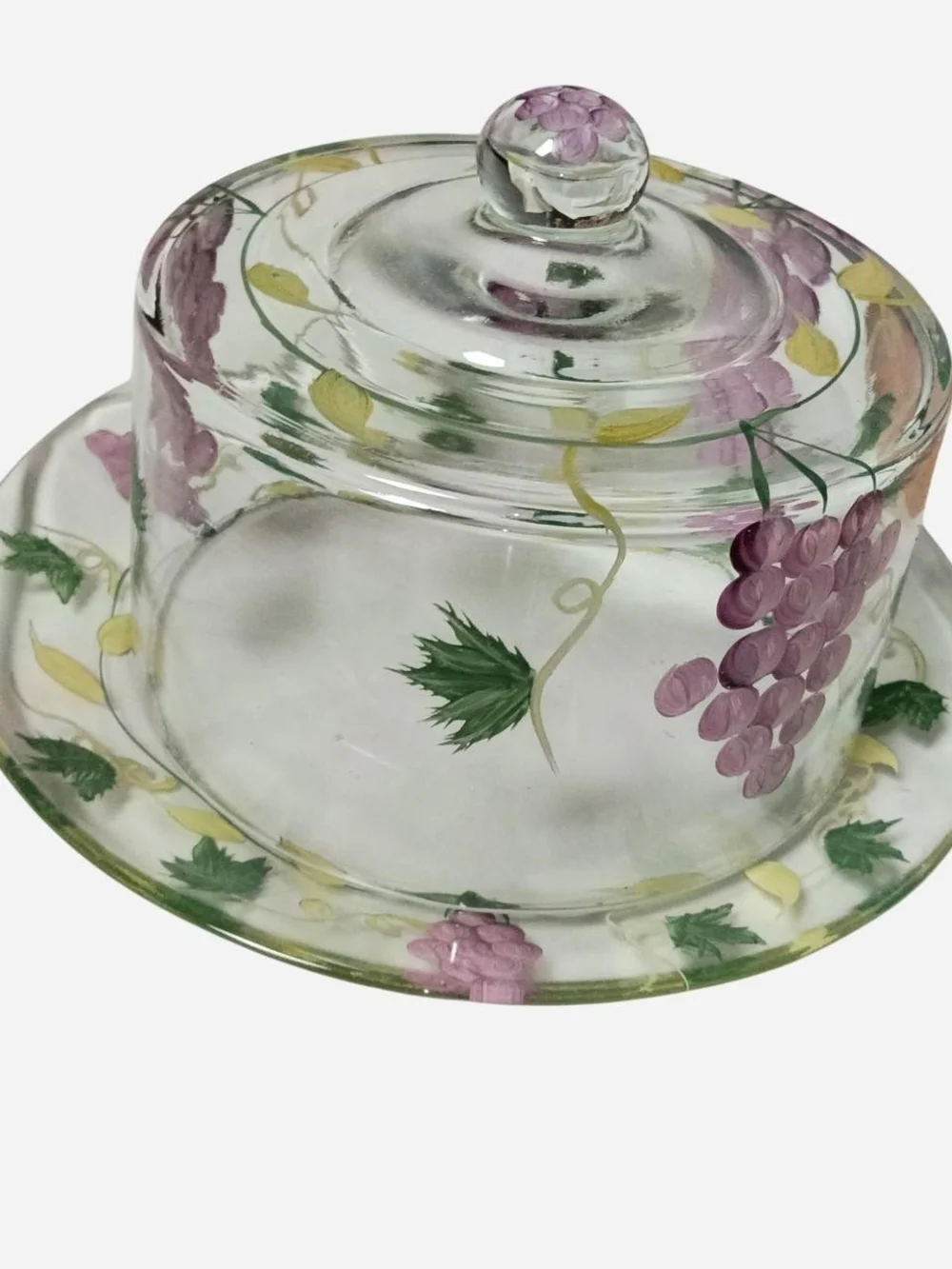 Hand-Painted Glass Cheese Dome with Grapevine Design - Purple